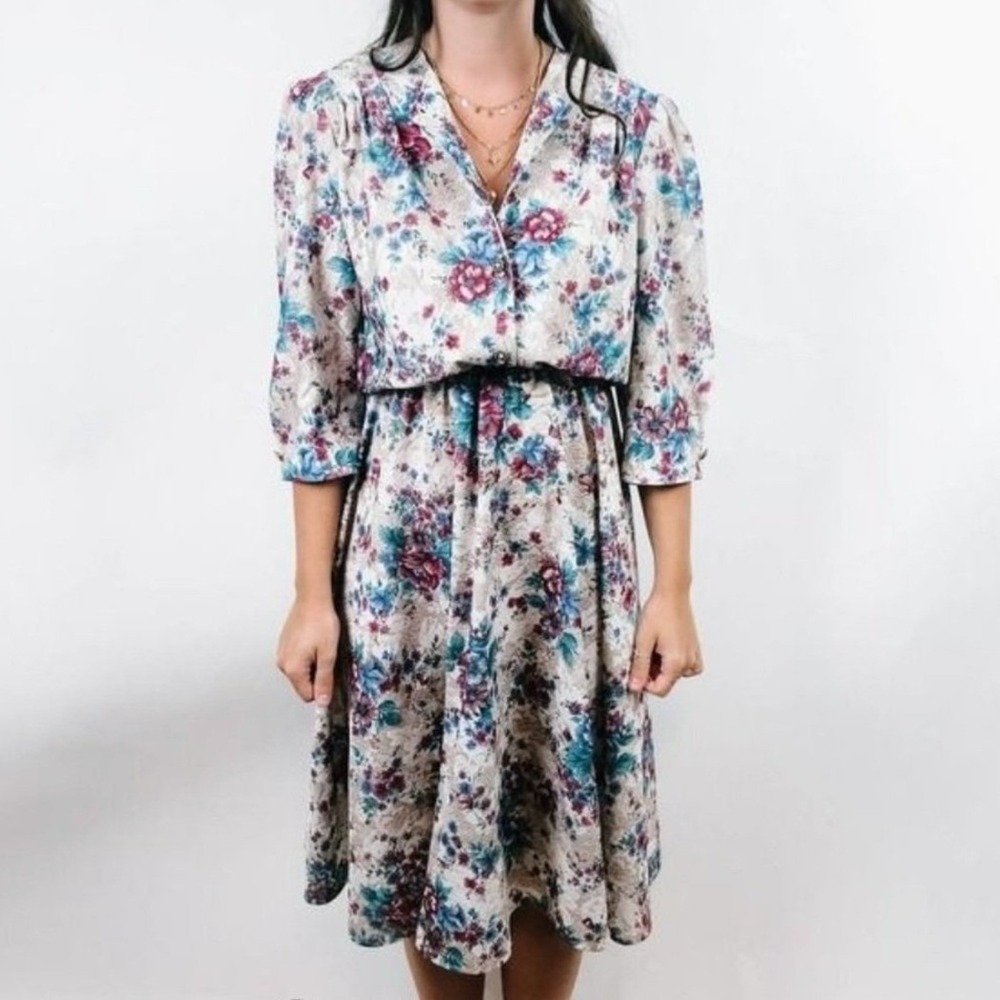 California Looks Vintage 80s Floral Lace Print Midi Dress‎ Blue Burgundy Size 12